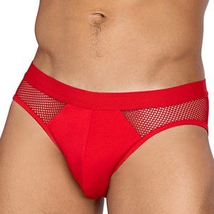 Men's X-Posed Briefs with Sheer Mesh Sides and Back - Red